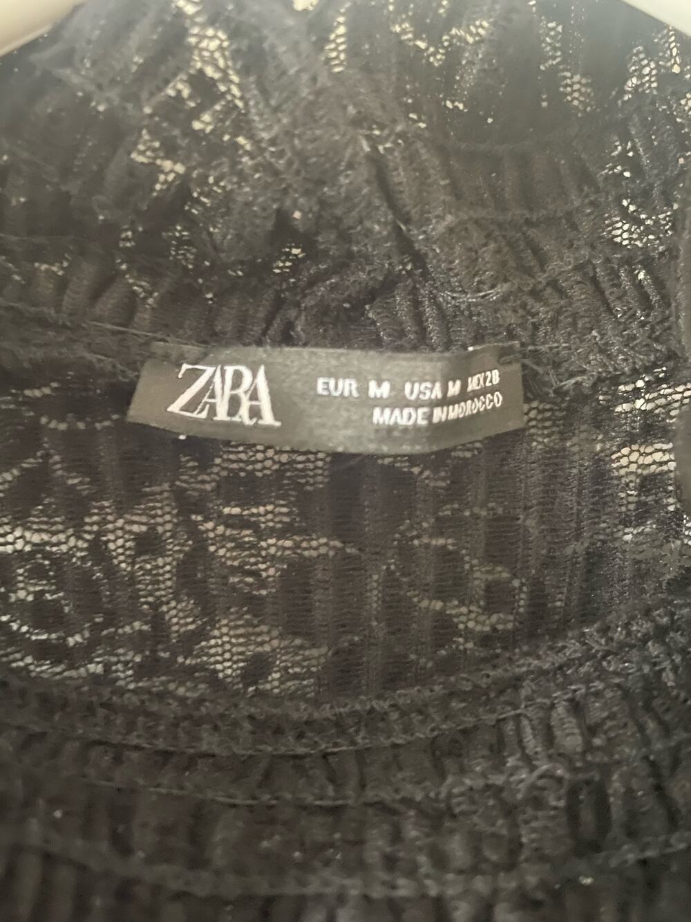 Zara Black lace high neck l/sleeve yoke top, Size M, $26, B53
